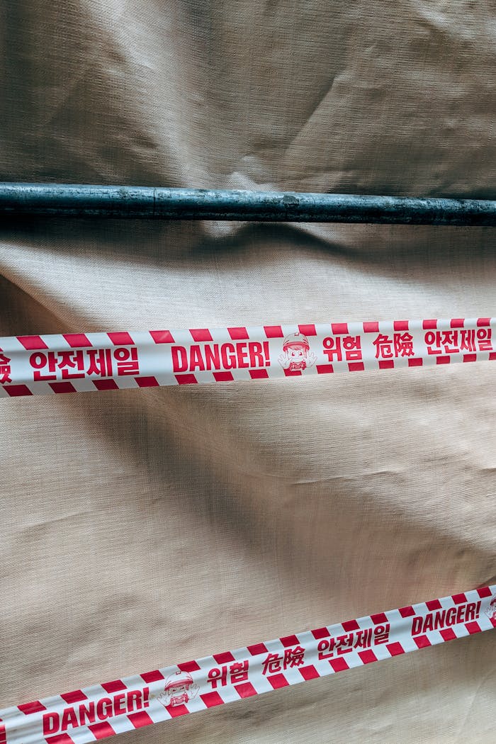 Close-up of red warning tape with multilingual text at a Seoul construction site.