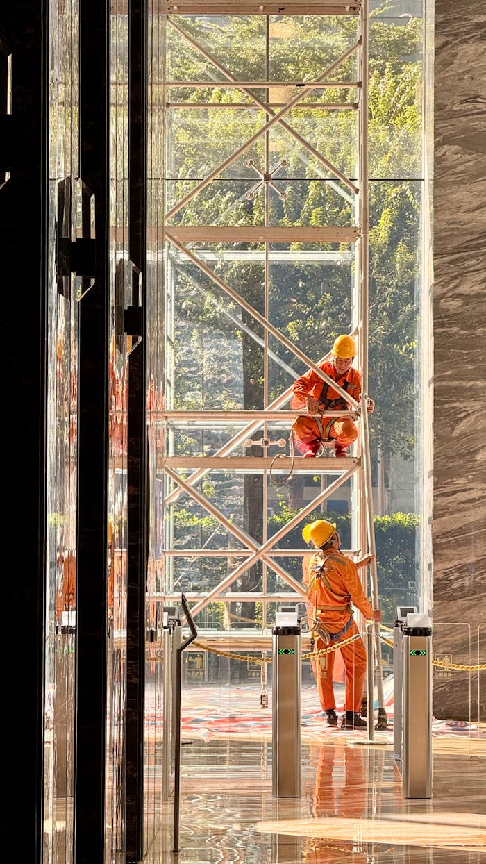 Two construction workers on scaffolding in a modern building with sunlight streaming through glass fixtures.