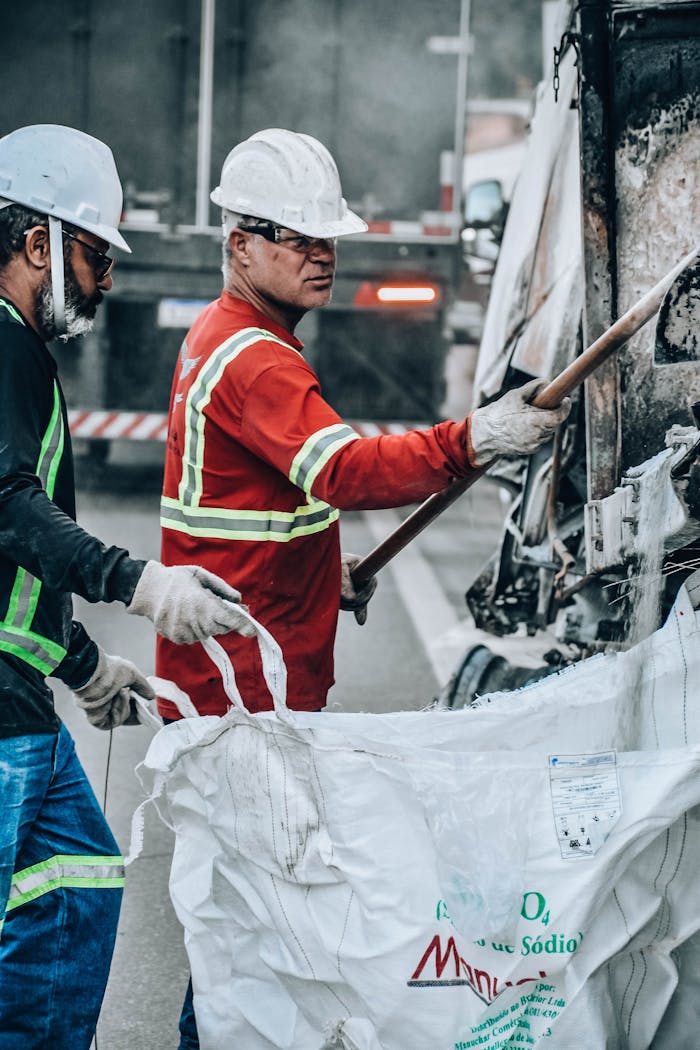 Two construction workers in protective gear handling materials on-site.
