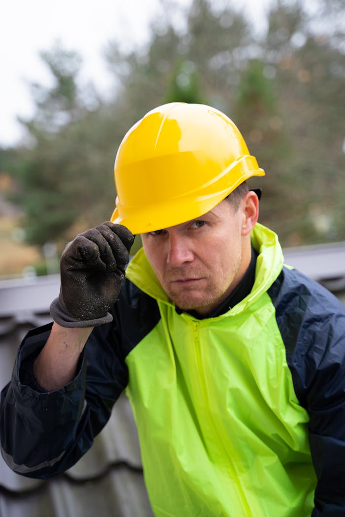 Construction worker outdoors wearing safety gear including a yellow helmet and reflective jacket.