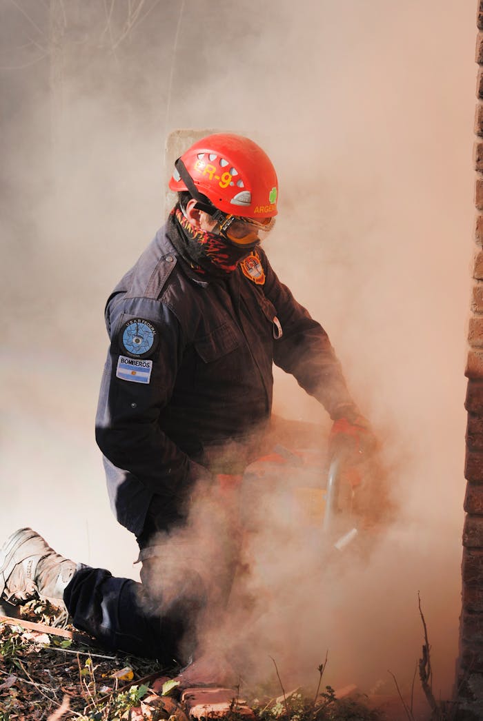 A firefighter wearing safety gear operates a chainsaw amidst dense smoke during a training exercise, showcasing emergency readiness.