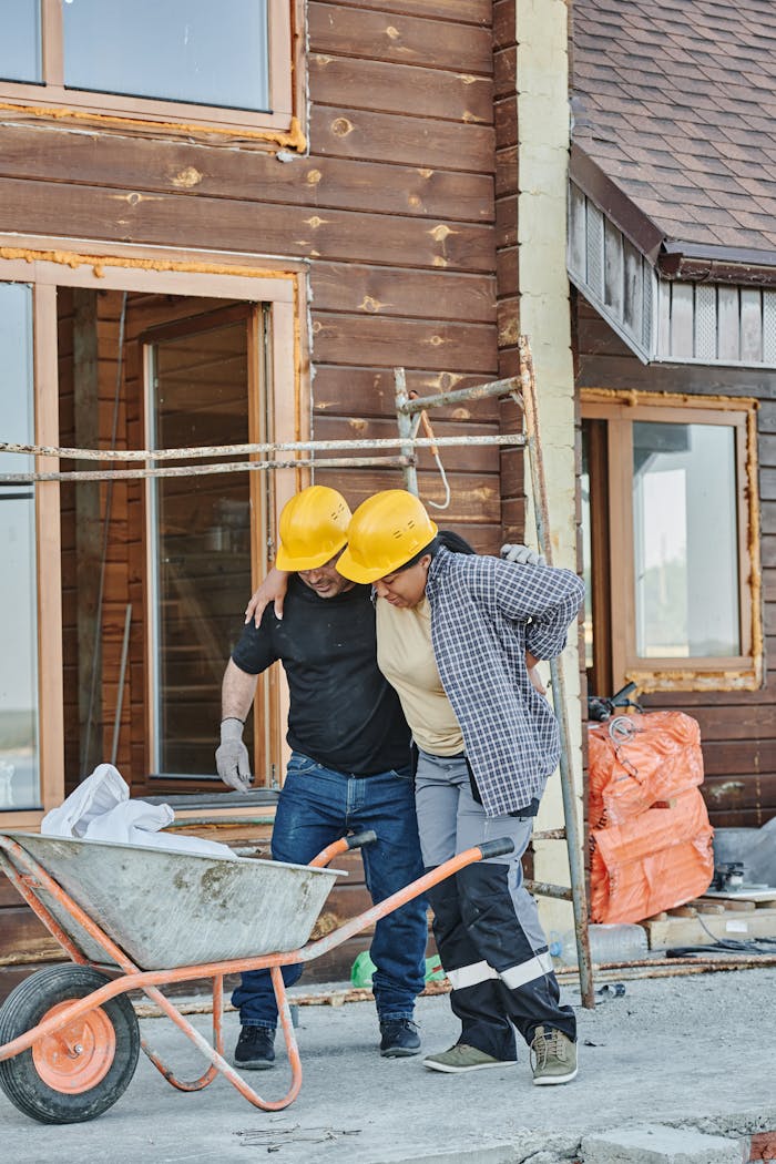 Two construction workers help an injured colleague at a building site.